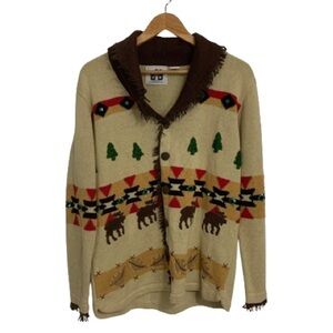 𝅺Storybook Knits Woodland Moose Cabincore Fringe Cardigan Sweater Size S
